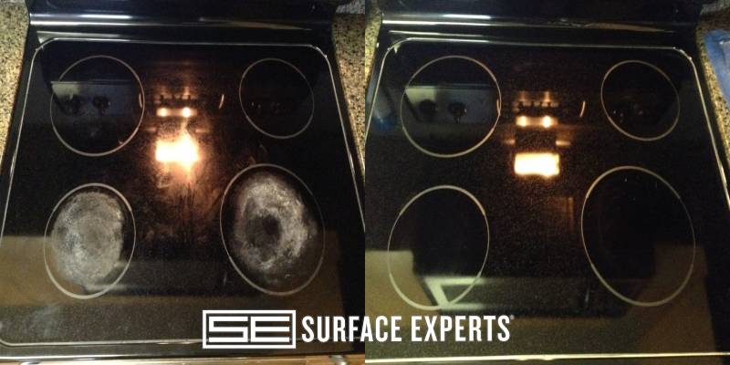 Repair to glass cooktop with wear on front two burners.