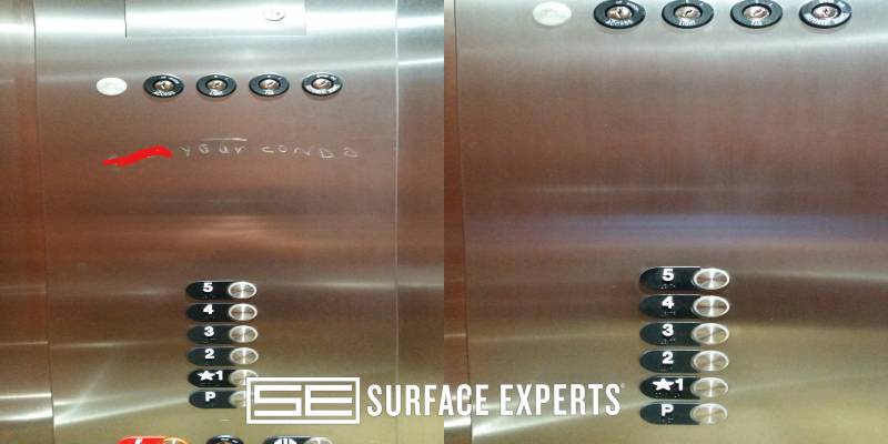Repair to a stainless steel elevator panel which had been defaced.